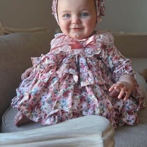 Floral Pink Baby Dress with bonnet & matching  baby bloomers